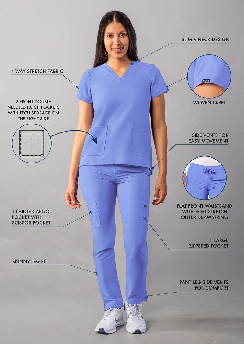 Adar Uniforms Adar Addition Scrubs Set for Women - Stretch V-Neck Scrub Top & Skinny Cargo Scrub Pants, 10 Pockets - A9200 - Ceil Blue - M - Image 3